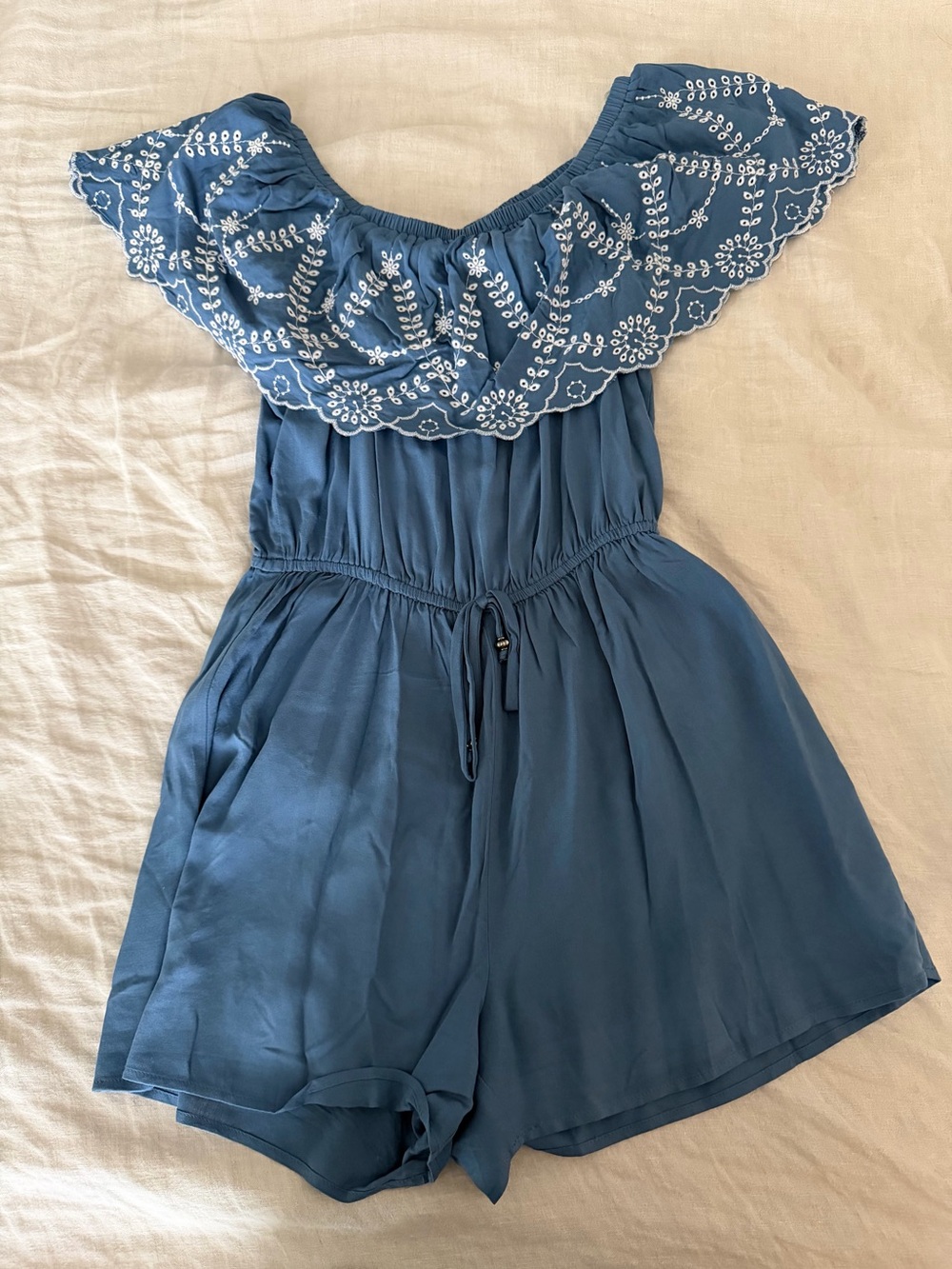 Kingston Blue Off-Shoulder Embroidered Romper